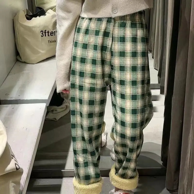 Hnewly warm winter outfits Padded Thickened Wide Leg Pants Winter LambswoolPlaid Pants Female High Waist Casual Straight Pants