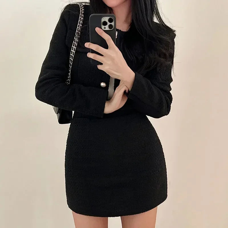 Hnewly FALL OUTFITS Women Outfits Tweed 2 Two Piece Sets Long Sleeve Pearl Buttons Short Jacket and A-line Mini Skirt Set Fall Spring