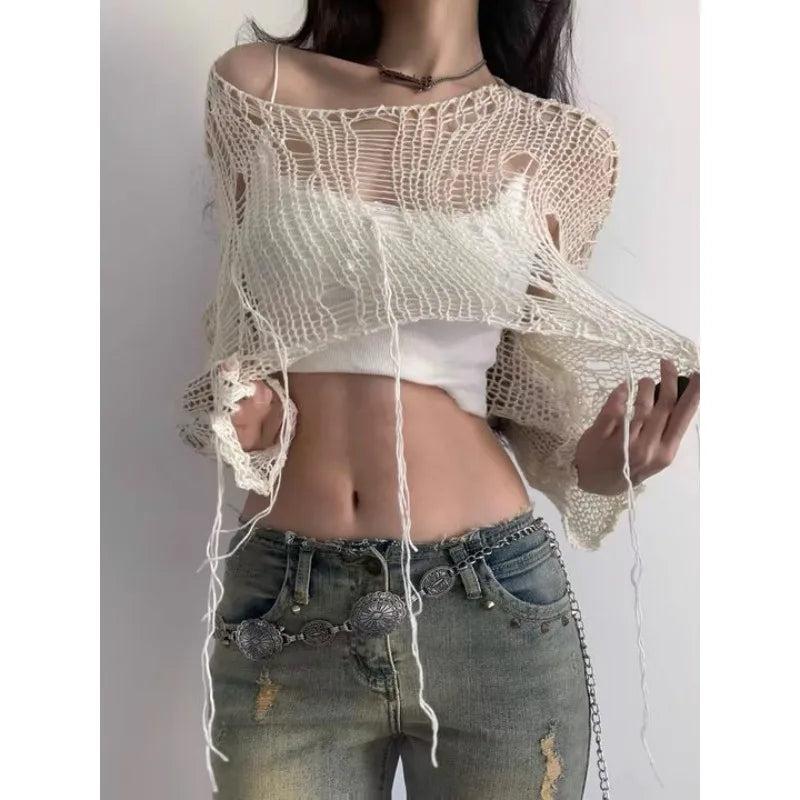 Hnewly Y2K White Women's Sweater Hollow Out Knitwear Cropped Pullovers Spring Short Networks Jumper Vintage