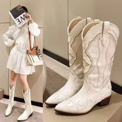 Hnewly Women's Embroidered Western Mid Calf Boots Cowboy Square Heels Boots Pointed Toe Platform Boots Women Western Shoes Plus Size 42