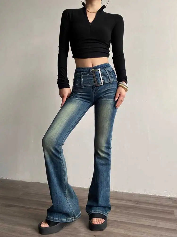 Hnewly 90s Retro Black Blue Belt Flare Jeans for Women Distressed Bootcut Pants High Waist Slim Fit Bell Bottoms Y2k Trousers