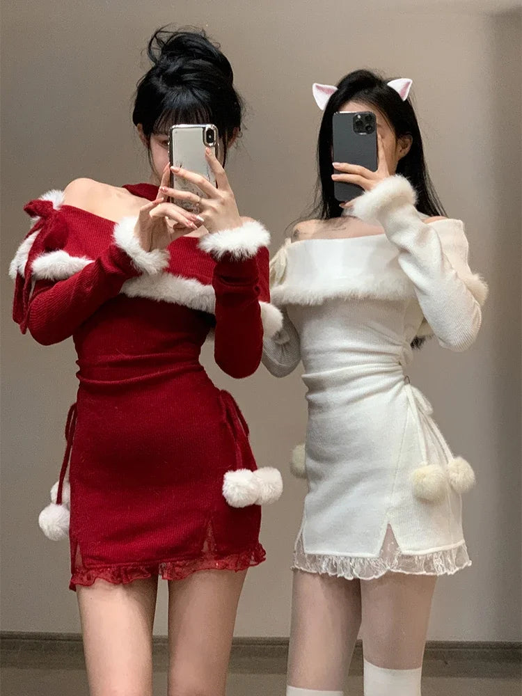 Hnewly Christmas New Years Bodycon Knitted Mini Dress Women Casual Long Sleeve Sweet Elegant Even Party One Piece Dress Korean Fur