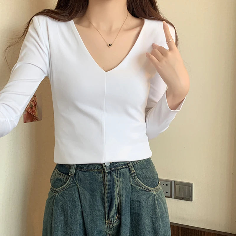 Hnewly Casual Cotton V Neck Long Sleeve T-shirt Women Spring Autumn Fashion Shoulder Pad Slim Fit Female Tops Ladies Basic Elastic Tees