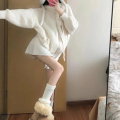 Hnewly Kawaii Sweet Knitted Cardigan Women Elegant Zip Up Hooded Cardigan Cute Japanese Style Solid Autumn Winter Sweater Coat