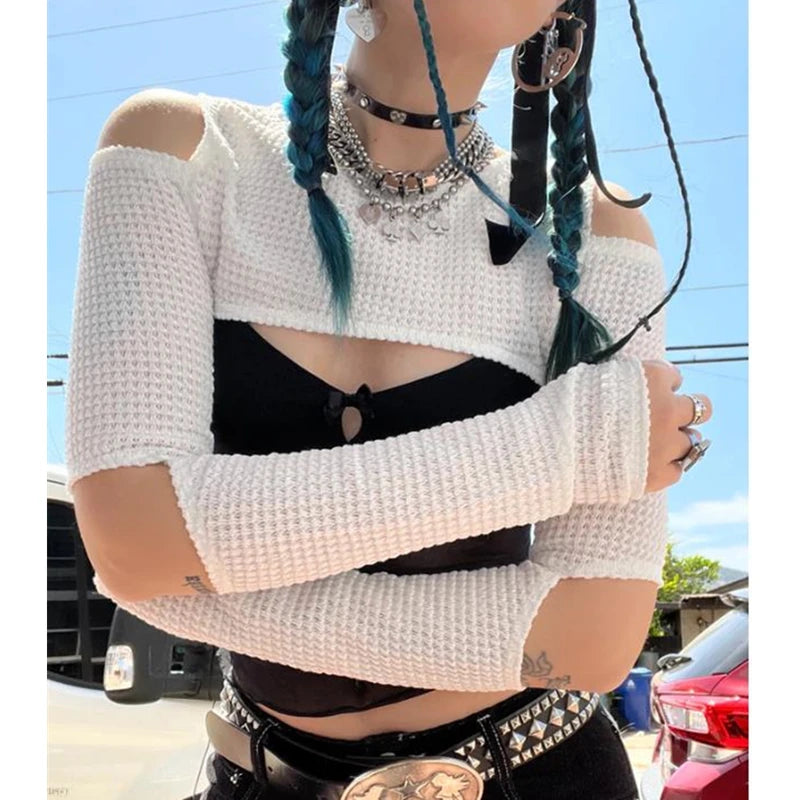 Hnewly y2k Gothic Top Summer Women Hollow Out Cold Shoulder Long Sleeve Crop T-shirt 2000s Aesthetic Streetwear E Girl Clothes