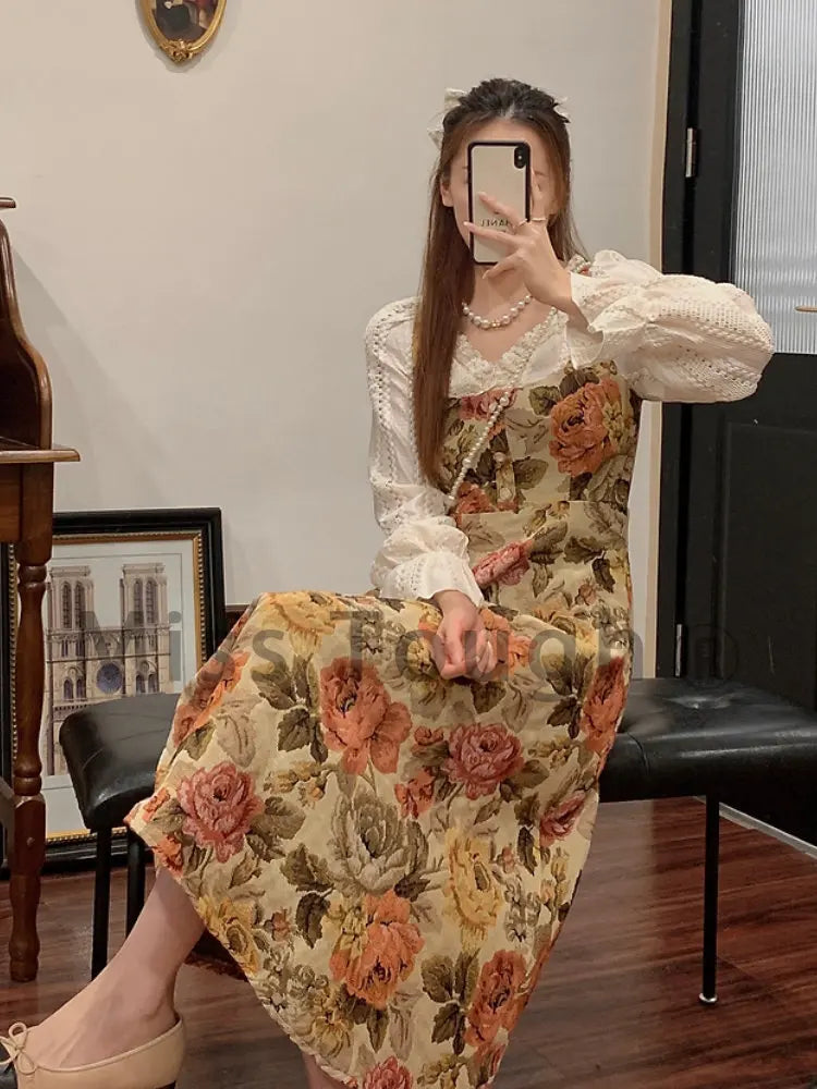 Hnewly Print Retro Elegant Fairy Dress Women Lace Korean Style Evening Party Midi Dress French Vintage Floral Dress Female Summer