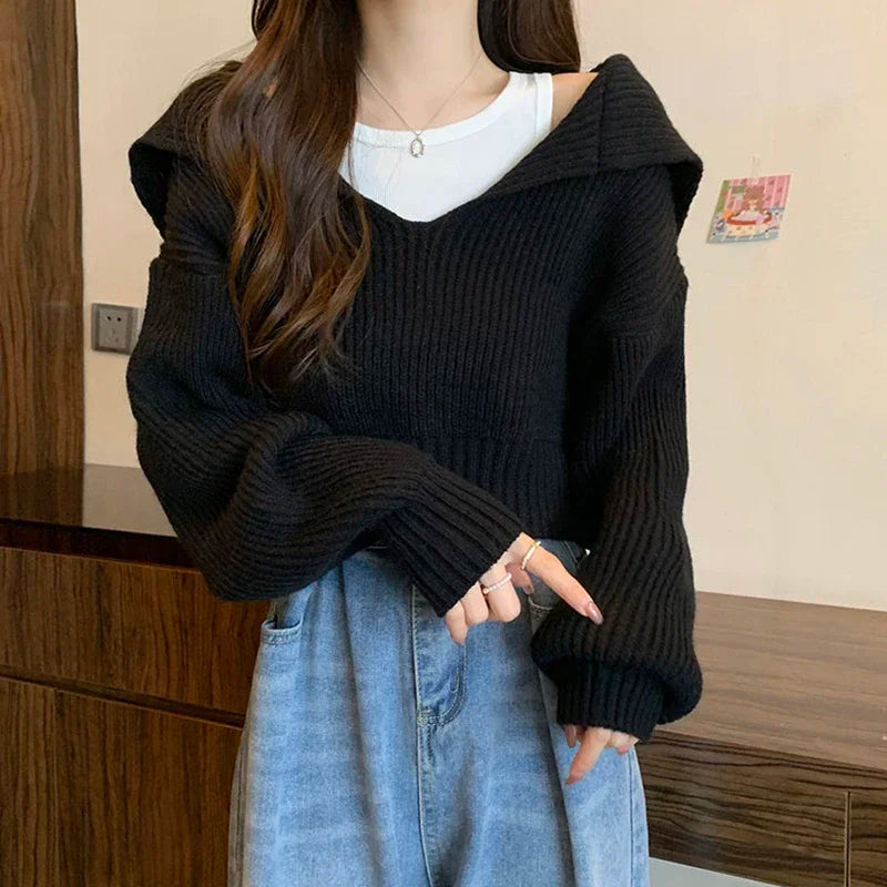 Hnewly Long Sleeve Cropped Sweater Women Autumn Winter Turn Down Collar Knitted Jumper Woman Korean Style Solid Color Jerseys