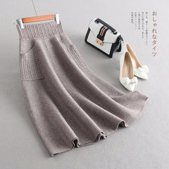 Hnewly Autumn Winter Women's Knitting New Double Pocket Fluffy Loose Wool Medium And Long Girls' Skirt Leisure Daily Camel Color