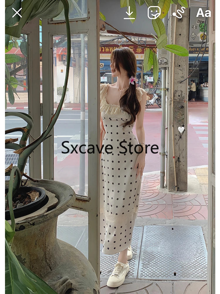 Hnewly Vintage Casual Elegant Midi Dress Women Beach Style Korean Dress Even Party Sleeveless Korean Fashion Clothing Y2k Chic Lace