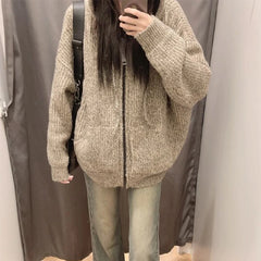 Hnewly Zipper Hooded Knitted Cardigan Women Harajuku Vintage Knitwear Preppy Style Solid Casual Warm Sweaters Coat Oversize