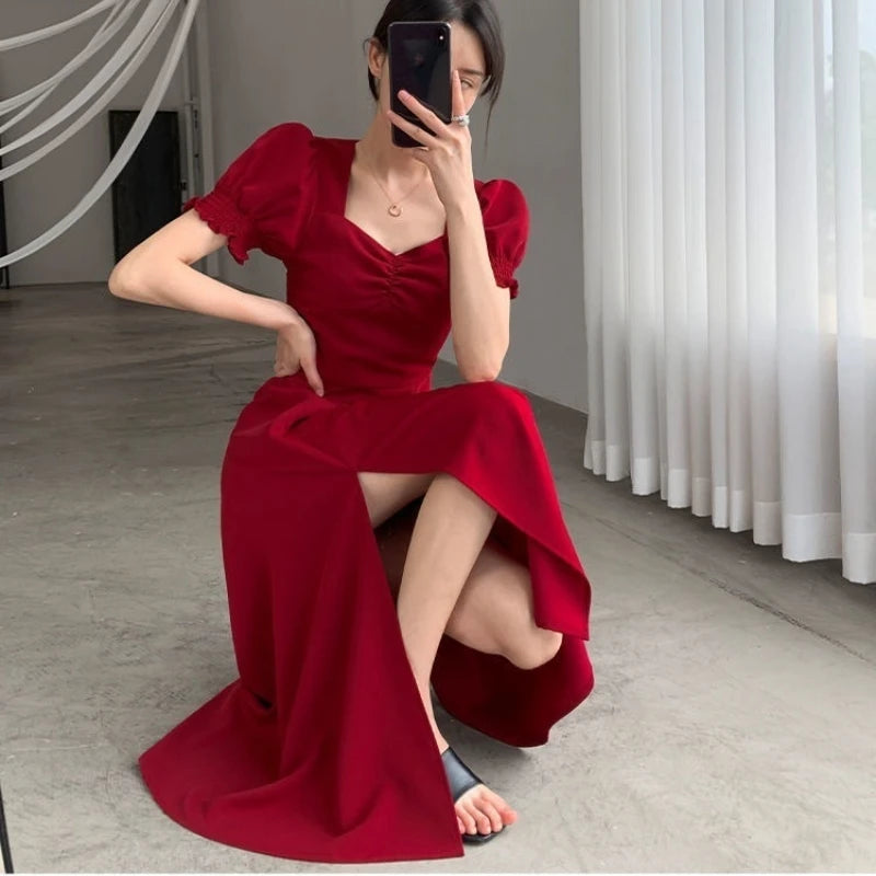 Hnewly Solid Puff Short-Sleeved Elegant Dress Women Clothing Wedding Guest New Year Women Fashion High Waist Slim Evening Party Dresses