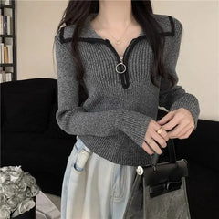 Hnewly warm winter outfits Turn-down Collar Zipper Sweater Women Autumn Winter Fashion Solid Color Slim Knitwear Office Lady All-match Trend Knitting Tops