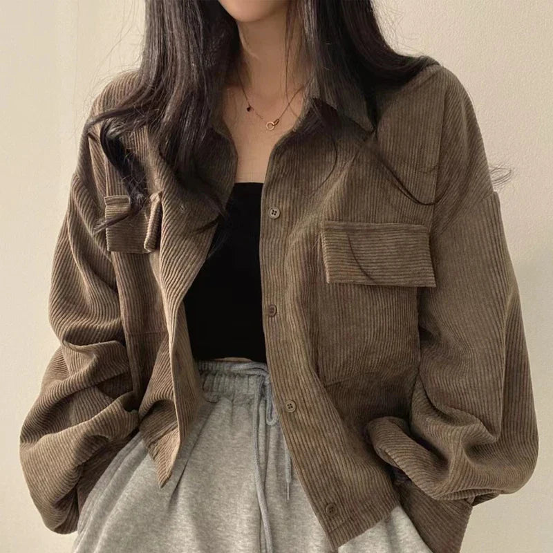 Hnewly Autumn Retro Versatile Single Breasted Turndown Collar Long Sleeved Jacket for Women Coffee Casual with Pockets Loose Coat