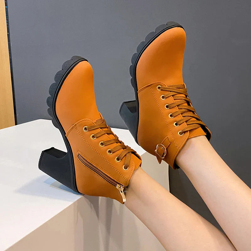 Hnewly Boots Women Shoes Women Fashion High Heel Lace Up Ankle Boots Ladies Buckle Platform Artificial Leather Shoes bota feminina