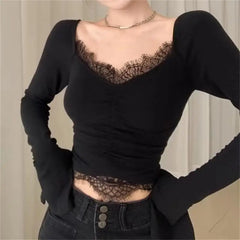 Hnewly FALL OUTFIT Korean Crop Top Autumn Women Aesthetic V-neck Lace Patchwork Solid Color Tops Sexy Skinny Casual Long Sleeve T-shirt