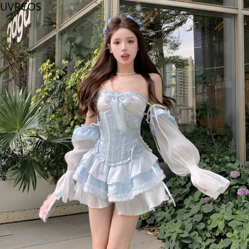 Hnewly Blue Japanese Style Kawaii Lolita Dress Women Sexy Slash Neck Bow Elegant Party Mini Dress Female Korean Fashion Princess Dress