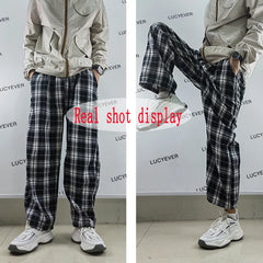 Hnewly Harajuku Black White Plaid Pants Women Oversized Wide Leg Trousers Female Korean Style High Waist Checkered Pants Female