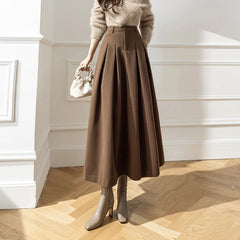 Hnewly Vintage Winter Woolen Long Skirts For Women Streetwear High Waist Pleated Maxi Skirt Big Swing Folds A-Line Jupe Longues Femme