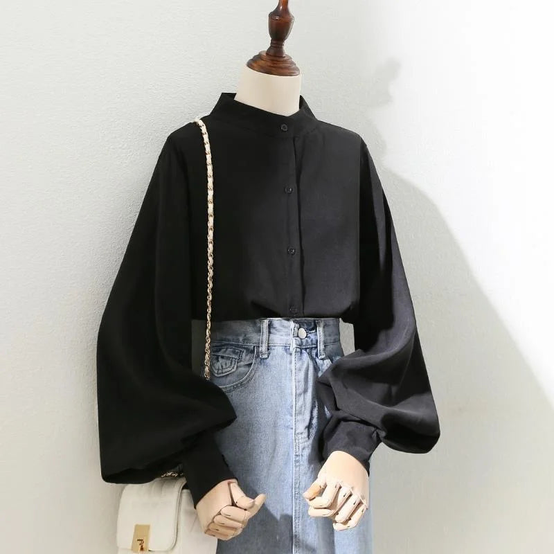 Hnewly Woman Spring Autumn Style Blouses Shirt Lady Long Lantern Sleeve Stand Collar Loose Blusas Tops