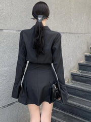 Hnewly Black Shirt Dress Women Elegant Vintage Long Sleeve Dresses Sexy Gothic Pleated Streetwear Turn-down Collar Casual Robe