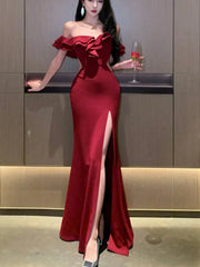 Hnewly Christmas DRESS TO IMPRESS Sexy Bodycon Long Dresses for Women Wedding Evening Party Prom Robe Ruffles Slash Neck High Split Hollow Out Summer New Vestido