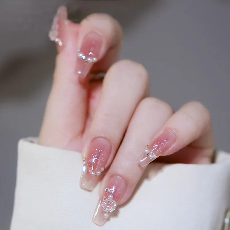 Hnewly Medium Length Fake Nails 3D Flower Pearl Designs Nude Pink Color Press on Nails Ballerina False Nails for Women DIY Manicure