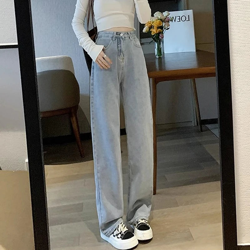 Hnewly Woman Vintage Wide Leg Jeans Girls High Waist Pants Female Fashion Black Black Grey Retro Blue Light Blue Pink Denim Trousers