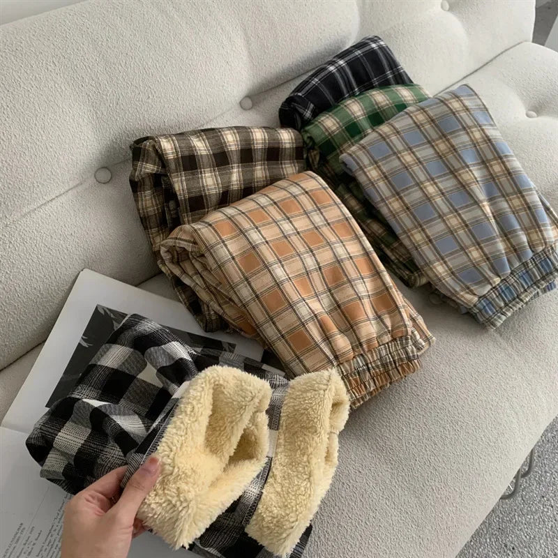 Hnewly Fashion Warm Plush Pants Cashmere Thick Plaid Ladies Winter Casual Loose Wide-legged Pants Korean Streetwear Students