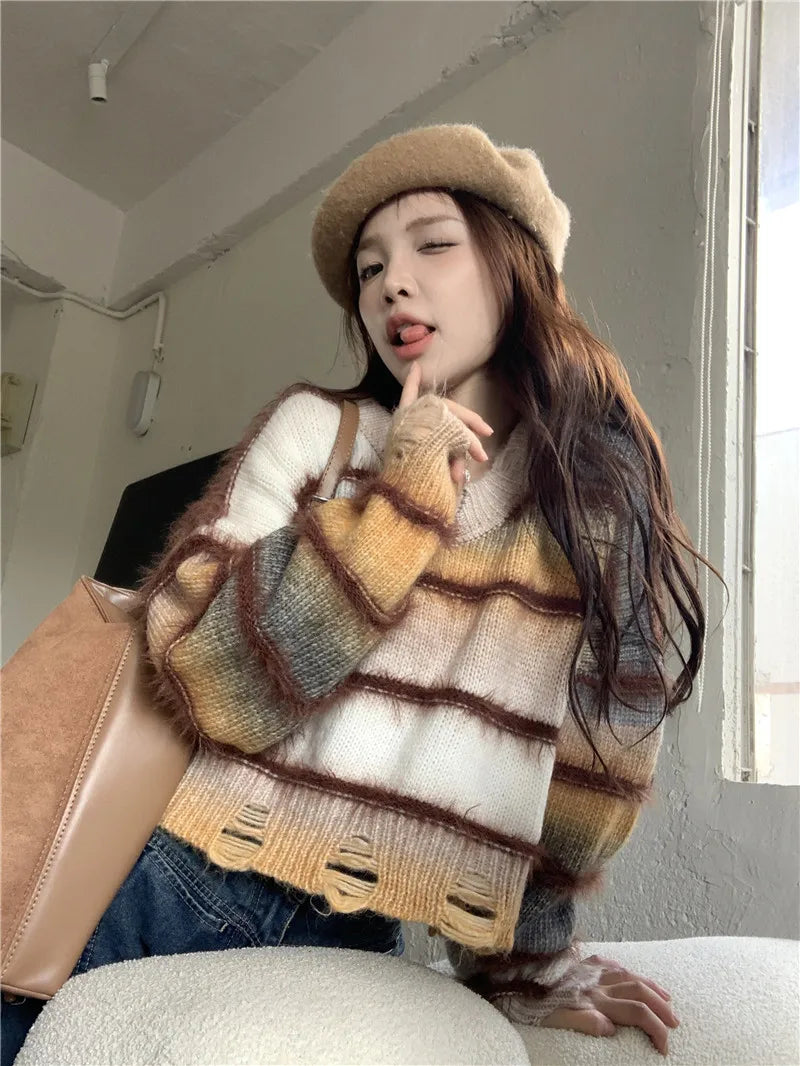 Hnewly Women Striped Pullover Knitted Sweater 90s Aesthetic Harajuku Long Sleeve Sweater Y2k 2000s Vintage Fashion Clothes 2024