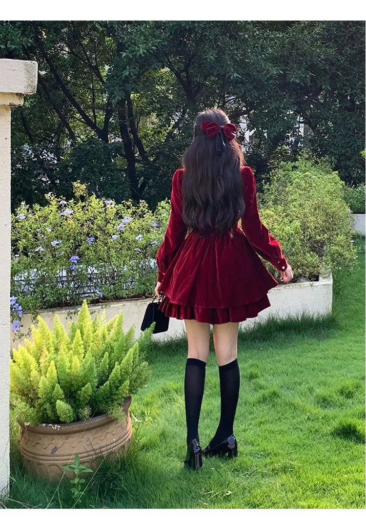 Hnewly New Year Dress Gagarich Fashion Red Velvet Dress Princess Style Palace Retro French Temperament Slimming Birthday Autumn Winter Women Vestidos