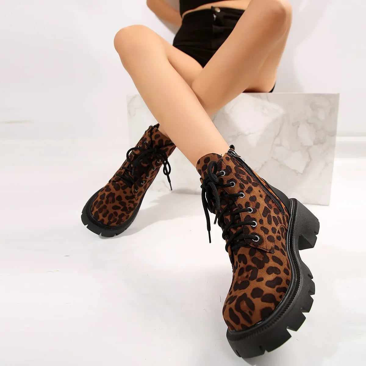 Hnewly Sexy Leopard Ankle Boots for Women Autumn Winter Low Square Heels Plus Size 43 Short Booties Shoes Woman Motorcycle Boots