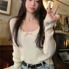 Hnewly Elegant Sweet Sweaters Women Lace Bow Kawaii Knitted Pullovers Korean Style Long Sleeve Cute Fashion Aesthetics Jumpers