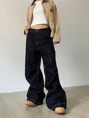 Hnewly Grunge Black Jeans Women Y2k Vintage Oversized High Street Wide Cargo Denim Trousers Casual Baggy Straight Denim Pants