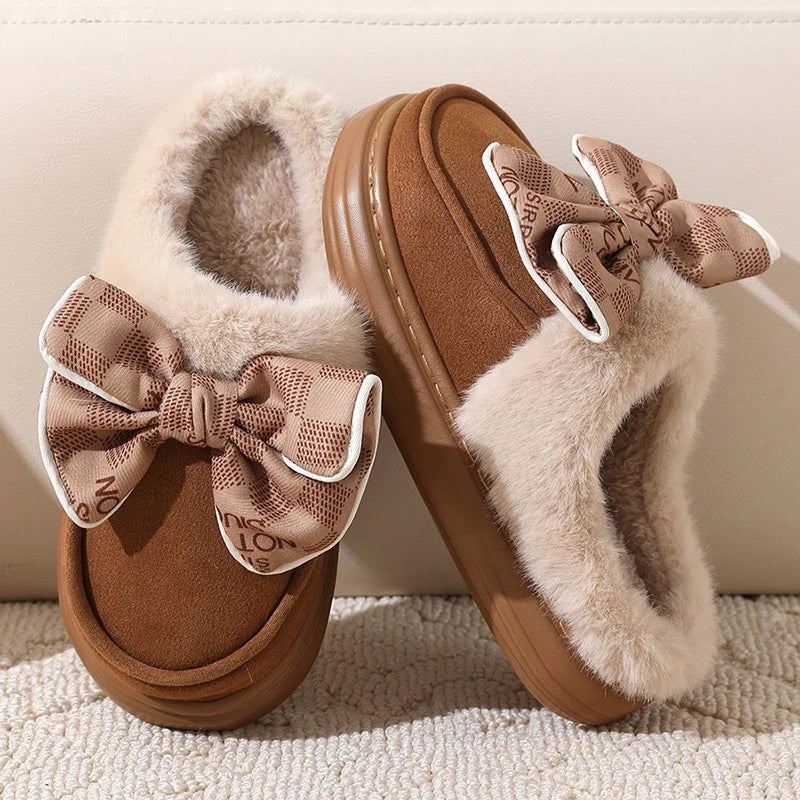 Hnewly Women's Warm Home Slippers Cute Autumn Winter Bow Thick Plush Non-Slip Leisure Shoes Soft Bedroom Platform Flat Slides