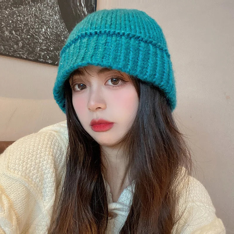 Hnewly Wool Knit Buket Hat Soft Warm Fisherman Beanie Cap Slouchy Winter Crochet Knitted Skull Hat for Women Autumn Wool Hat