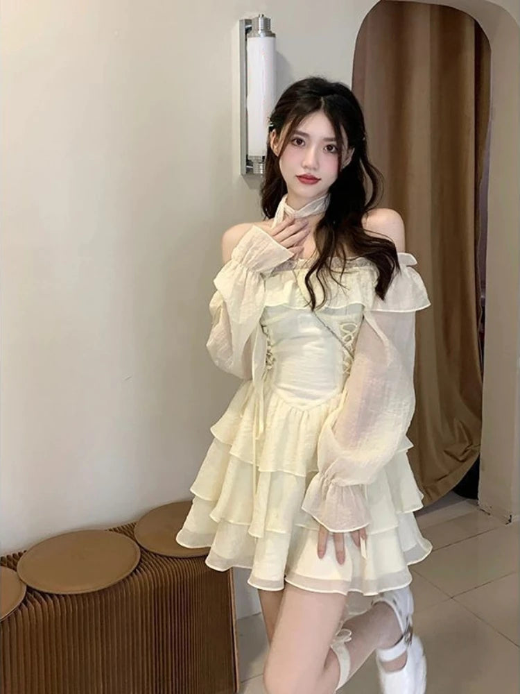 Hnewly Summer Elegant Ruffles Fairy Dress Women Casual Sweet Lolita Party Dress Long Sleeve One Piece Dress Korean Female Fashion