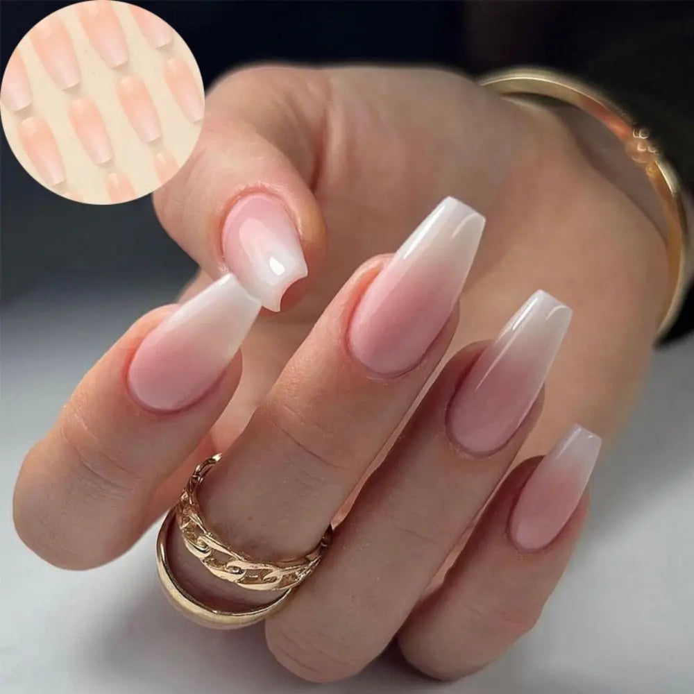 Hnewly 24pcs White Gradient Fake Nails Long Ballet French False Nail Press on Nails Waterproof Faux Fingernails Finished Patch