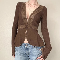 Hnewly Fairycore Lace Patchwork Deep V-neck Top Brown Sexy Button-up Cardigan Chic Elegant Flared Long Sleeve T-shirts Y2K