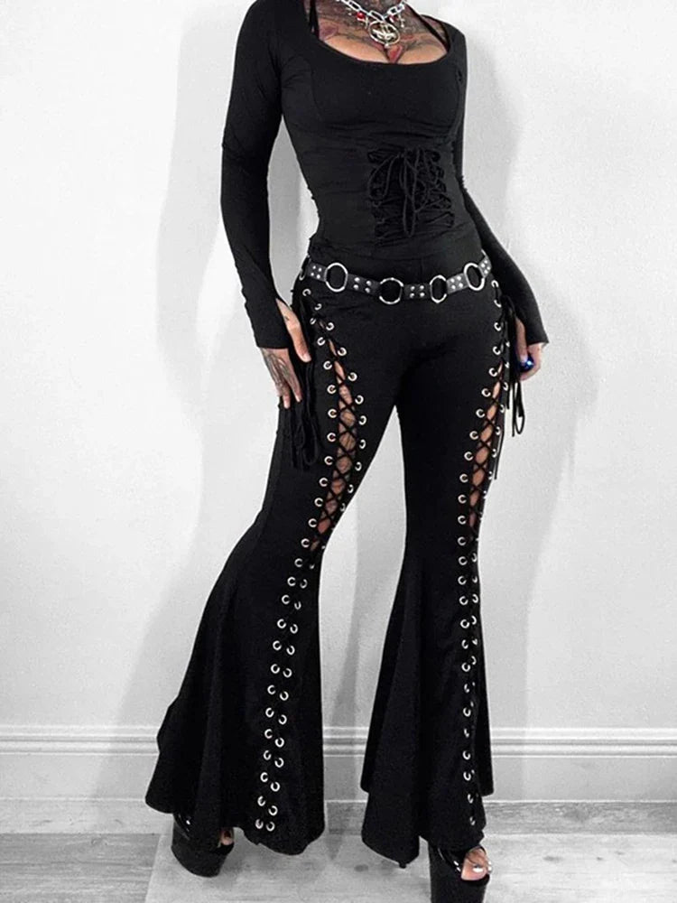 Hnewly leather pants outfits winter Women's Gothic Pants Spring New Dark Wind Street Fashion Trend Cock-eye Tie Design Flared Pants Women