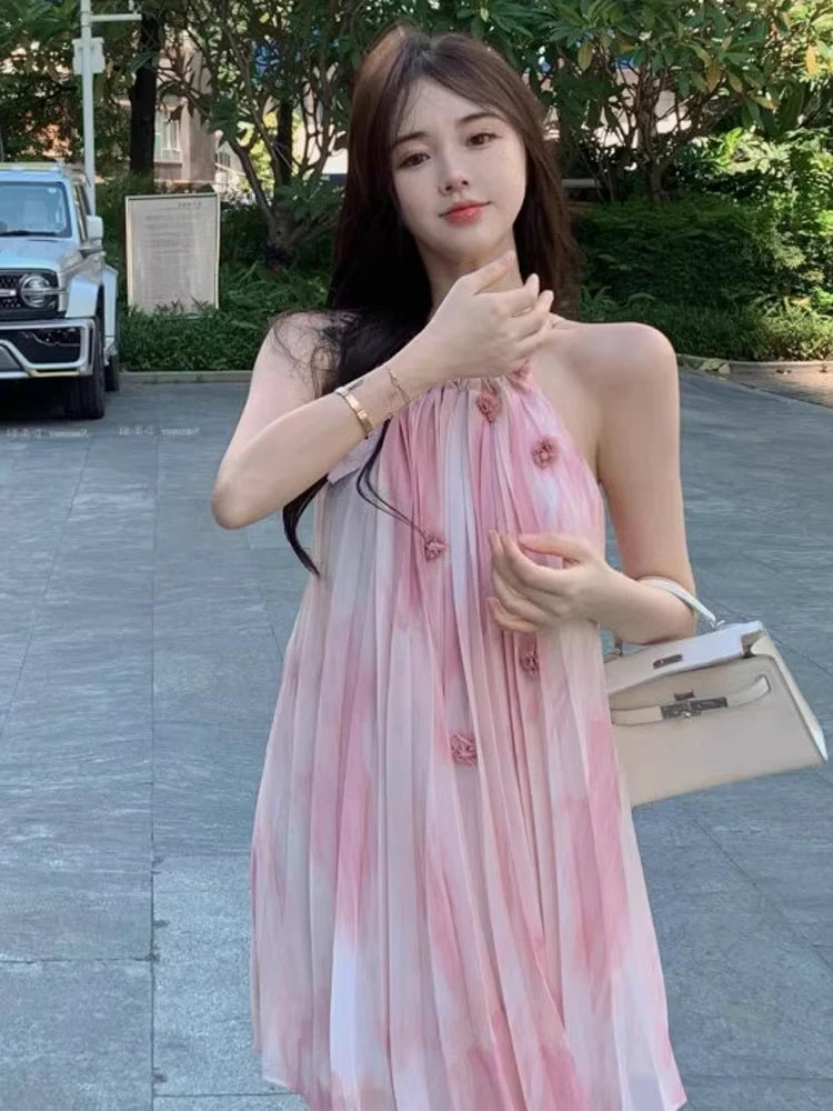 Pink Chiffon Sexy Strap Dress Women Korean Sleeveless Sweet Fairy Dress Women 2024 Summer Beach Casual Beach Evening Party Dress