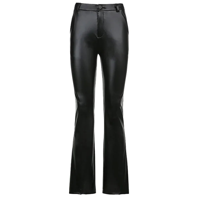 Hnewly leather pants outfits winter Women's Y2K Slim Fit Solid Flare Pu Leather Long Pants Button High Waist Elastic Trousers with Pockets Party Clubwear