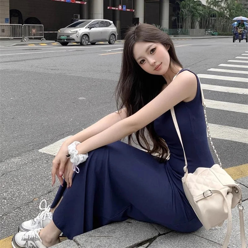 Hnewly Summer Women Versatile Streetwear Dress Lady Fashion Navy Blue Suspender Dress Female Daily Off Shoulder Slim Fit Long Dress