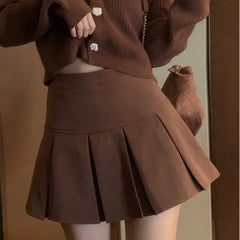 Hnewly Vintage Brown Pleated Skirt Women Spring Summer Korean Style Y2K High Waisted A-line Mini Skirts Preppy Style Girls Causal