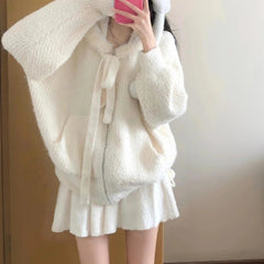 Hnewly Kawaii Sweet Knitted Cardigan Women Elegant Zip Up Hooded Cardigan Cute Japanese Style Solid Autumn Winter Sweater Coat