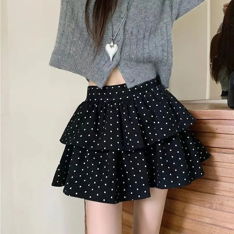 Hnewly Sweet Kawaii Mini Skirt Women Grey Korean Style Elegant Dot Short Skirts Coquette Fashion High Waist Cute Ruffle Skirt