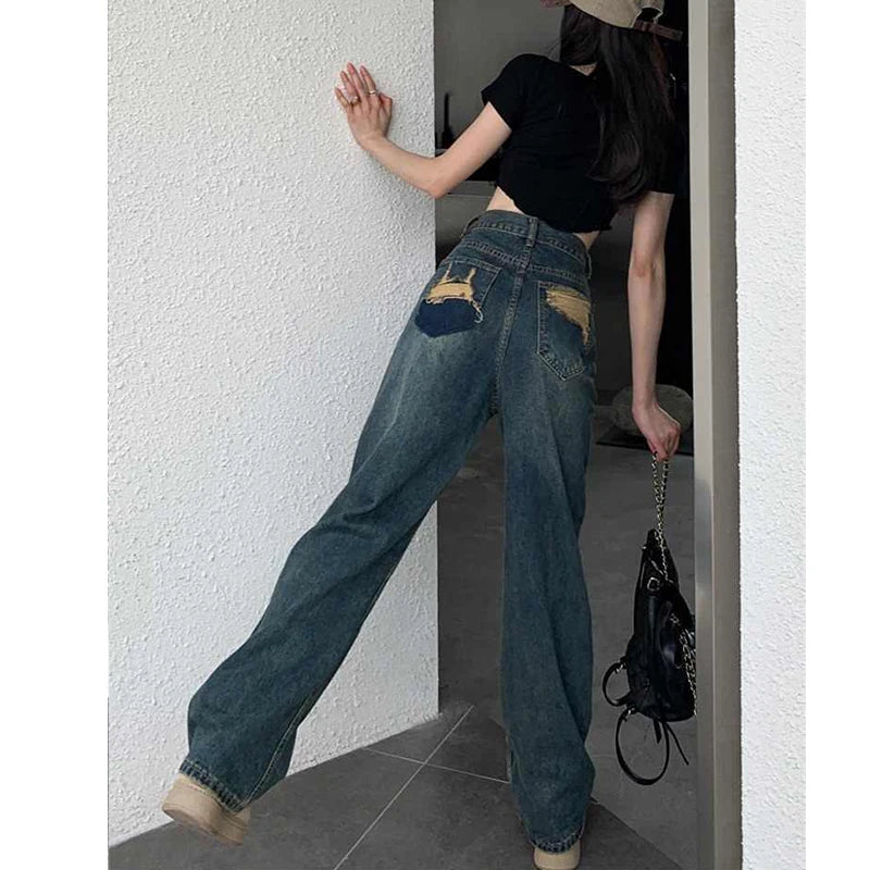 Hnewly Wide Leg Jeans For Women High Waisted Contrasting Straight Leg Pant Autumn lady Loose Pants Streetwear