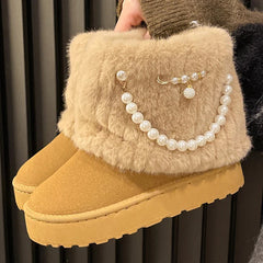 Hnewly Winter New String Bead Plush Women's Boots Warm Stylish Thick Platform Slip On Boots Faux Fur Plus Size 43 Ankle Botas Shoes