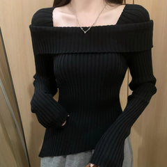 Hnewly Women Knitted Sweater Solid Color Square Collar Long Sleeve Asymmetrical Hem Crop Top y2k Aesthetic Clothing Streetwear