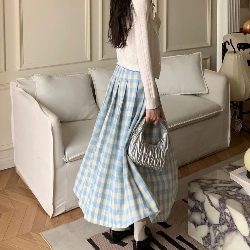 Hnewly Preppy Style Plaid Long Skirt Women Sweet Elegant Vintage Pleated Skirt High Waist Autumn Winter Retro A-line Skirts