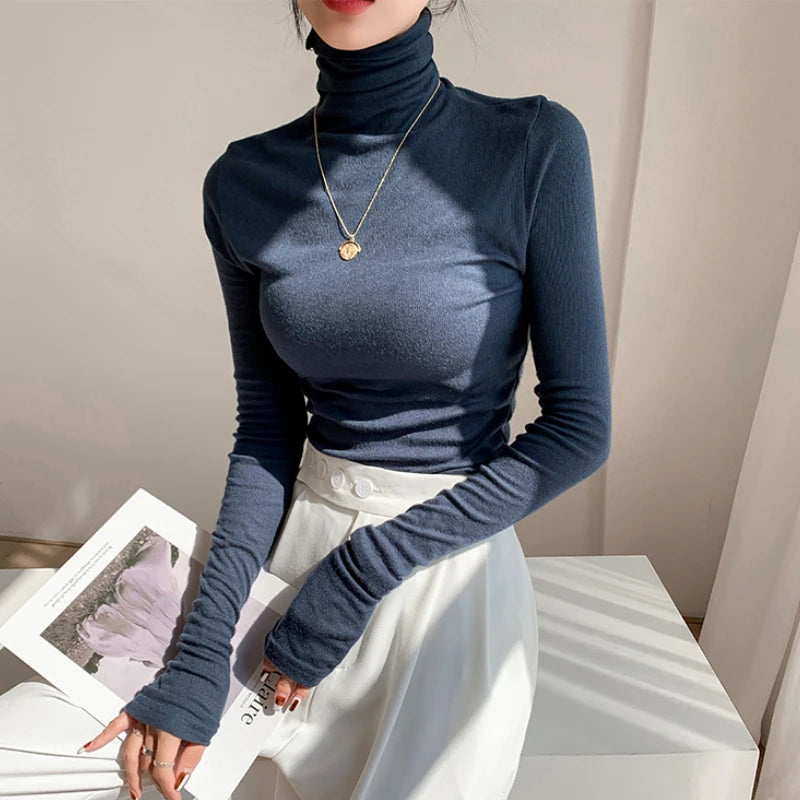 Turtleneck Long Sleeve Women T-shirts Autumn Winter Basic Base Shirt Woman Casual Slim Tee Shirts Female Tops